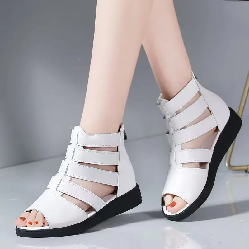 Women's Big Size Leather Hollow Out Wedges Peep Toe Sandals Summer New Soft Sole Non Slip Breathable High Top Zippers Cool Boots