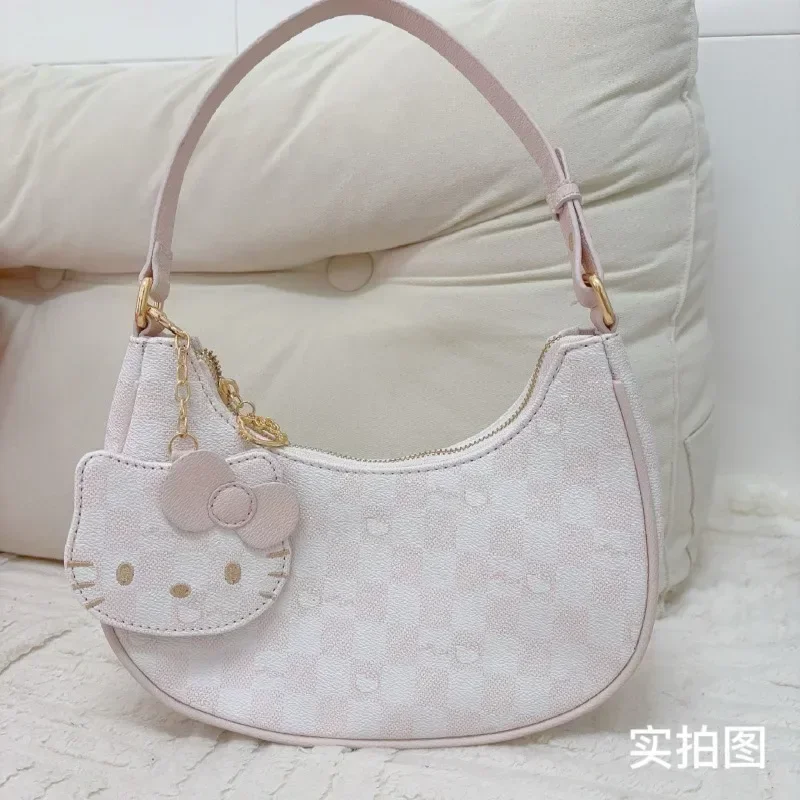 

Hello Kitty Handbags Purses Luxury Designer PU Leather Tote Mini Size Underarm Bag Kawaii with Pendant and Zipper