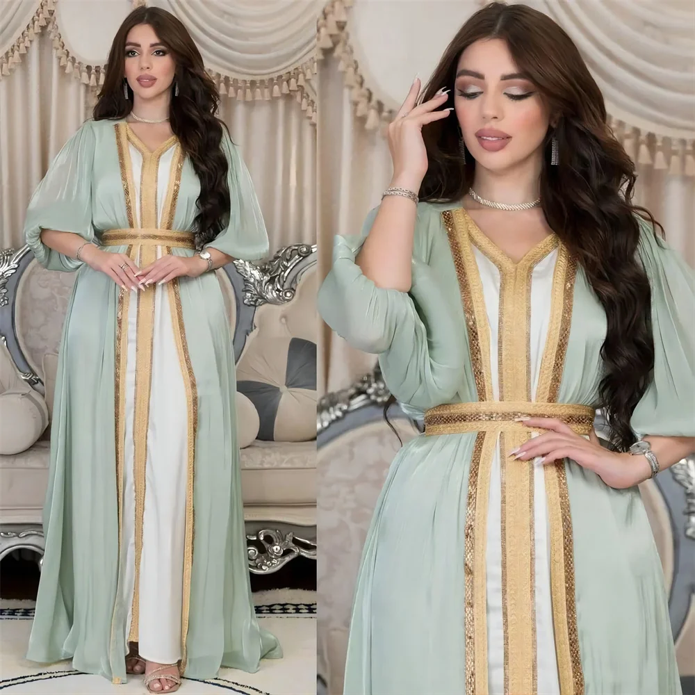 Morocco Shiny Satin Muslim Dress 2 Piece Set Luxury Abayas Kaftans Evening Dresses Women Dubai Turkey Islamic Long Robe Jalabiya