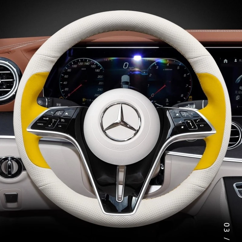 

For Mercedes Benz GLC GLA GLB GLE GLS G350 G500 C200 E300 S400 Hand-stitch Yellow white Genuine Leather car Steering Wheel Cover