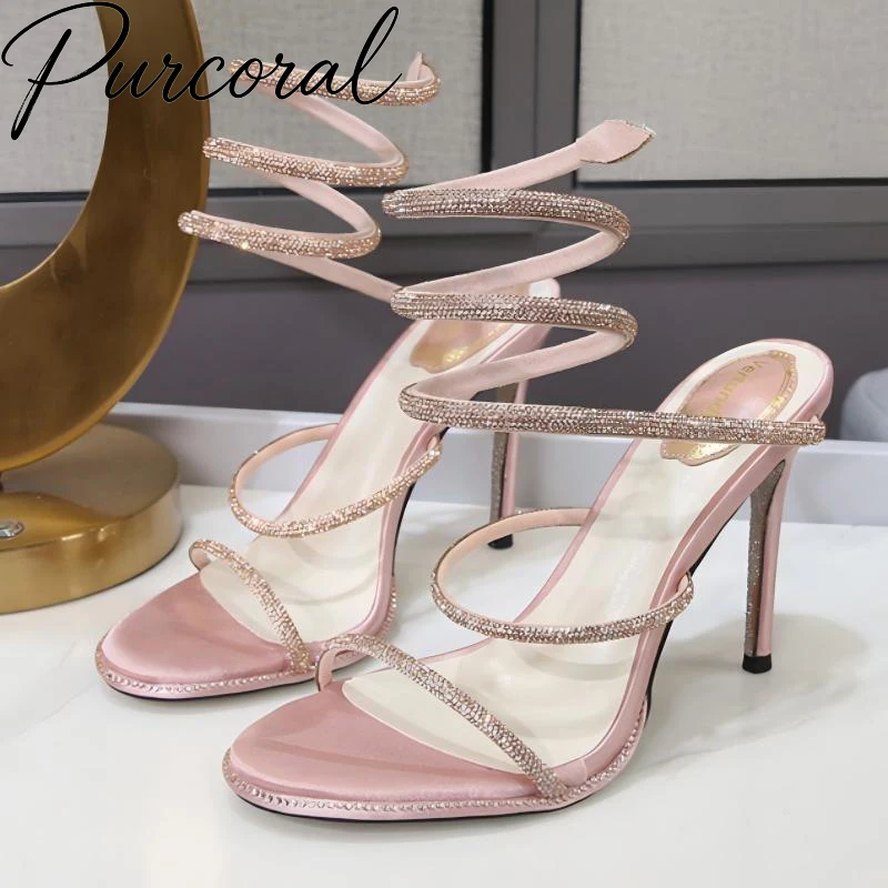 Purcoral Pink Satin Rhinestone Wrap Around High Heel Sandals for Women Open Toe Stiletto Shoes Random Free Gift