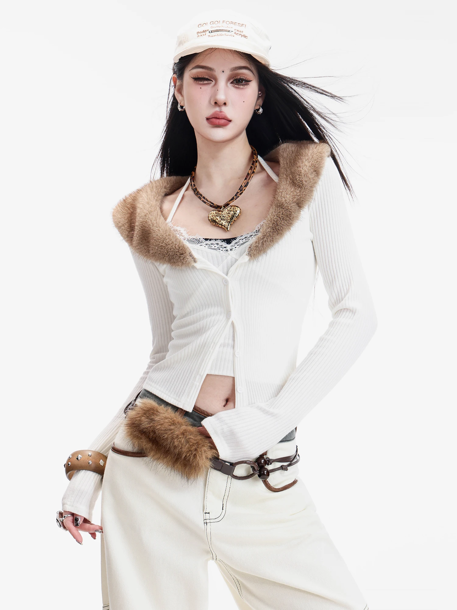 

Оригинальный комплект ABWLR: вязаный топ-жакет и облегающий костюм с большим меховым воротником для женщин