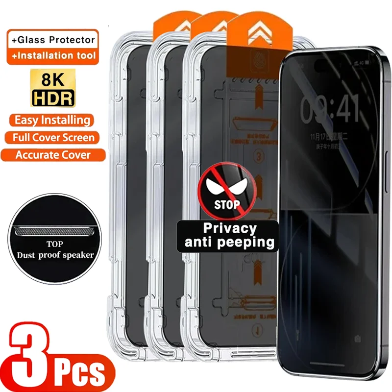 

3Pcs 8K Oleophobic Coating Dust Free Installation Privacy Screen Protector for IPhone 14 11 12 15 Pro Max 13 Mini 15 Plus Glass