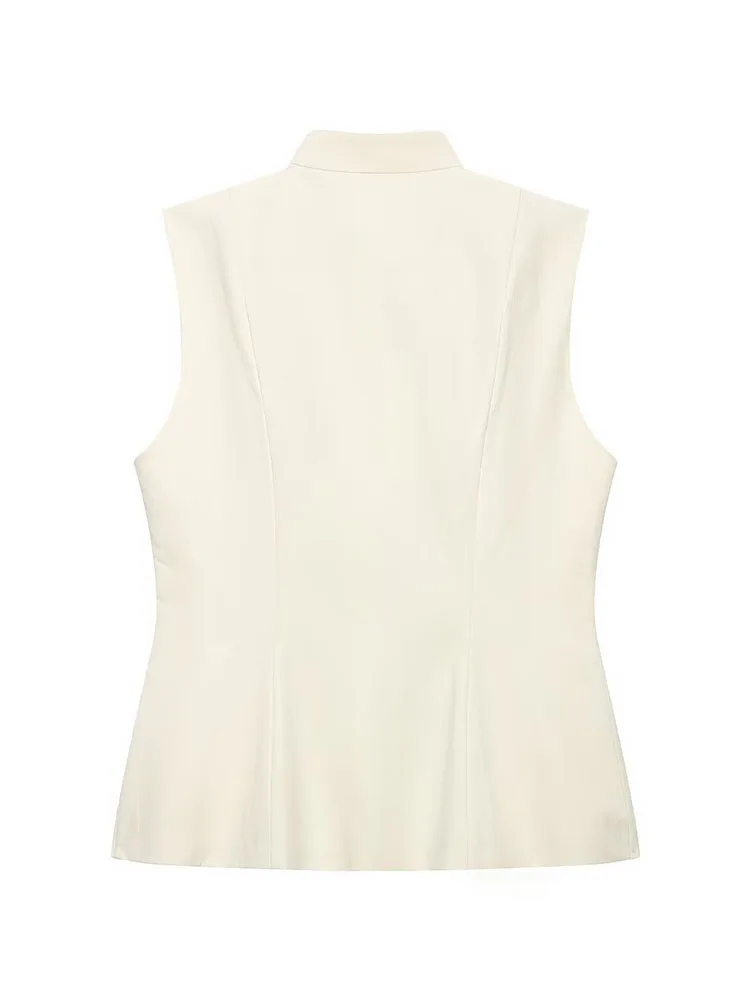 HH Women Summer Oriental Off White Mandarin Collar Vest Frog Button Closure Tailored Waist Welt Pocket Sleeveless Outerwear