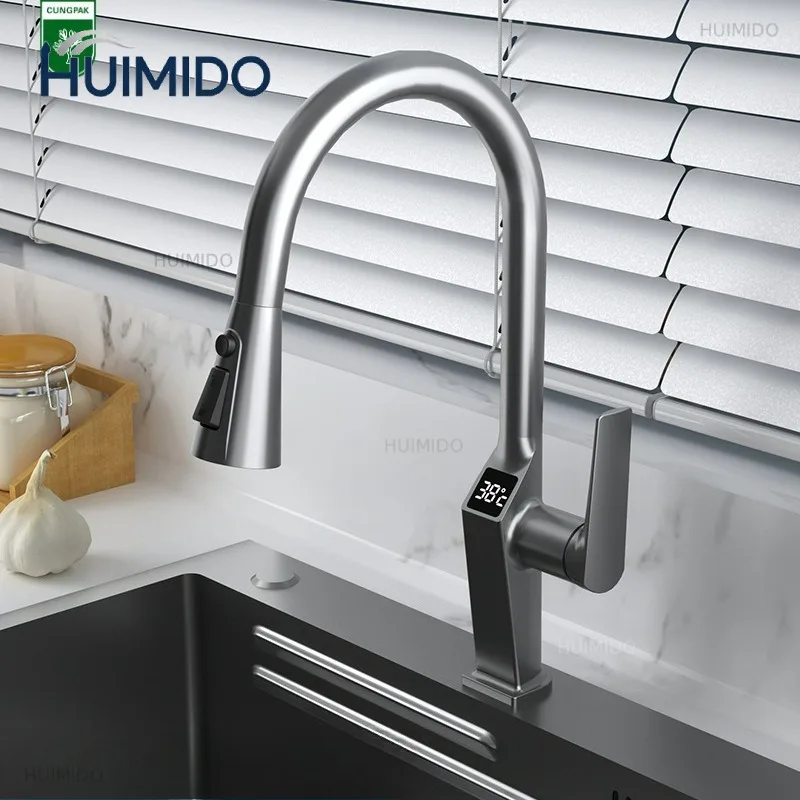 LED Digital Display Kitchen Faucet Pull-out Type Cold & Hot Rotatable Three-functionTaps Stainless Steel Splash-proof Sink Fauce