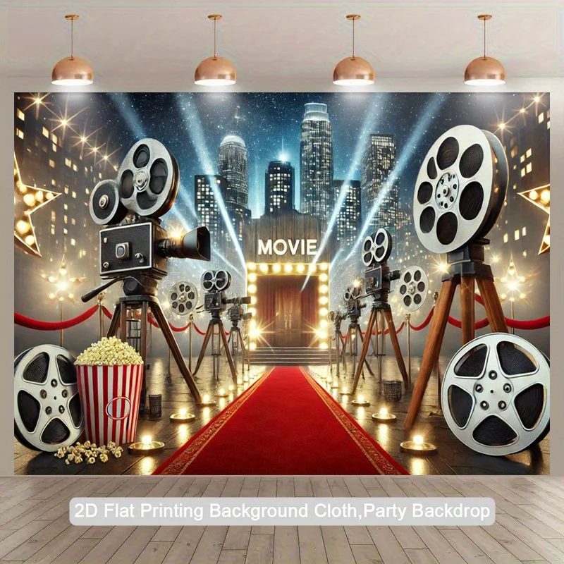2D Flat, 1pc Movie Red Carpet Backdrop 2D Flat Printing Tapestry with Cameras and Popcorn for Cinema Themed Events