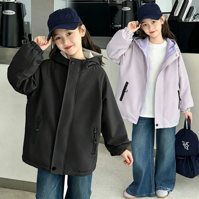 4-14 Years Girls Reversible Hooded Jacket Autumn Winter Kids Fleece Lined Windproof Coat Casual Sports Zipper Outerwear