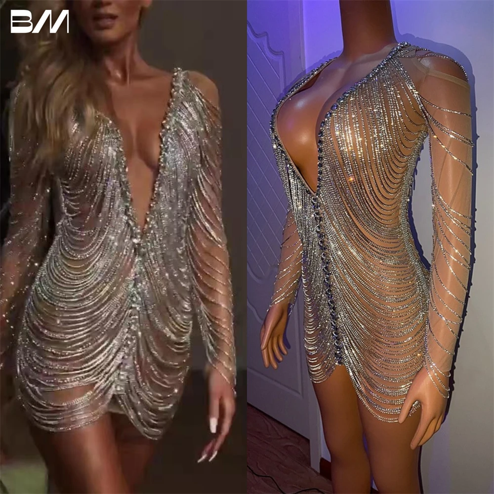 Sexy Bodycon Silver Chain Evening Dress Long Sleeve Crystals Prom Dress Deep V Neck Cocktail Dresses Party Gown