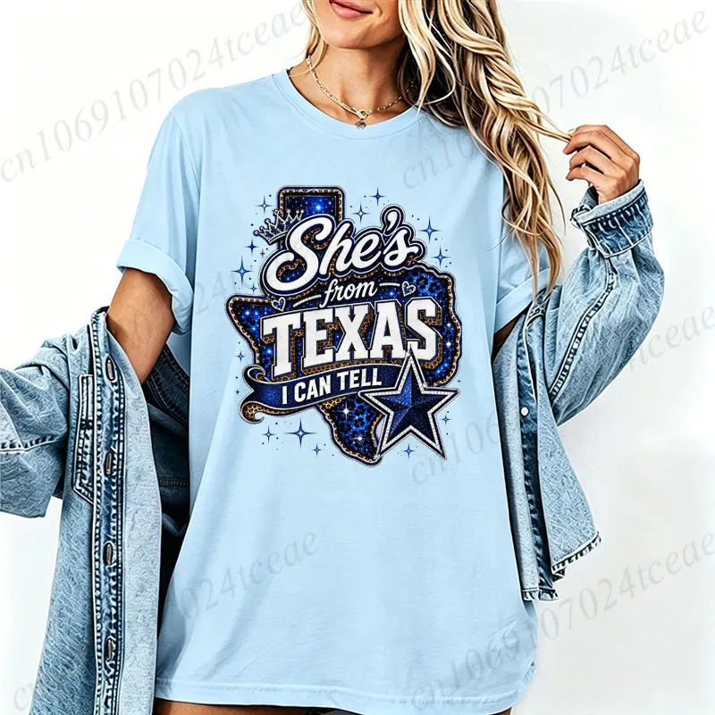 Leopard She’s From Texas I Can Tell Print Women's T-Shirts Pink Texas Girl Shirts Country Western Tees Design Short Sleeve