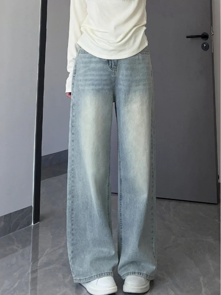 

Женские осенние широкие прямые джинсы грушевидной формы с высокой талией для тонкого образа