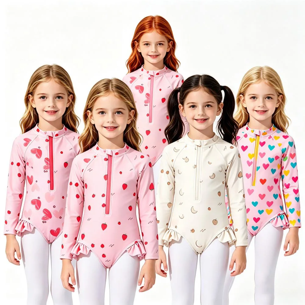 Girls Long Sleeve Zipper One Piece Bathing Suit Strawberry Heart Cherry Moon Print Ruffle Sunscreen Kids Swimming Rash Guard