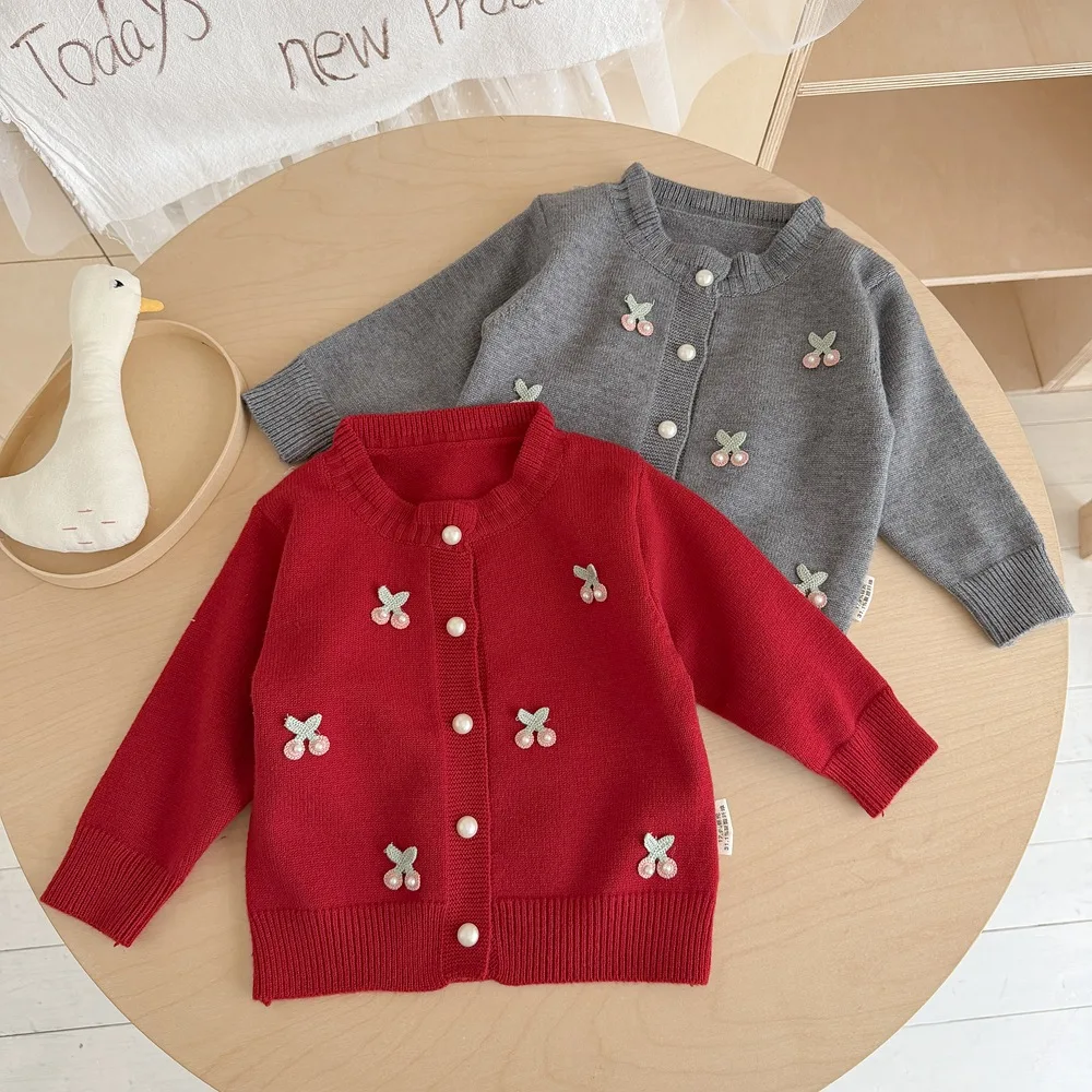 Funny 3D Cherry Pattern Sweaters for Girls Elegant Shimmering Beads Girls Knitted Jacket Autumn Winter Baby Girl Coats JY10063