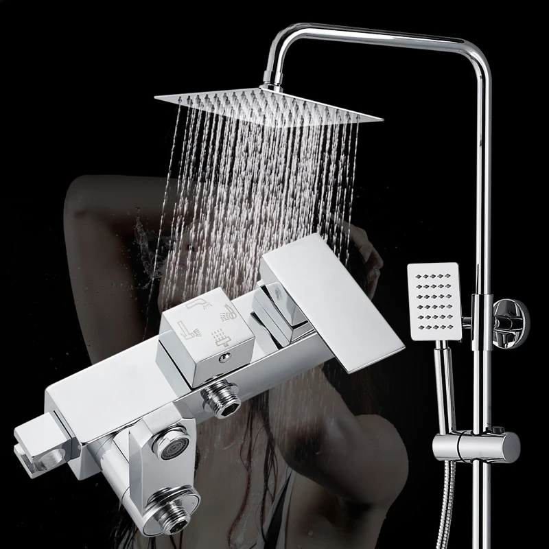 Bathroom shower set square double control water outlet copper faucet hot and cold pressurized nozzle spray gun lifting