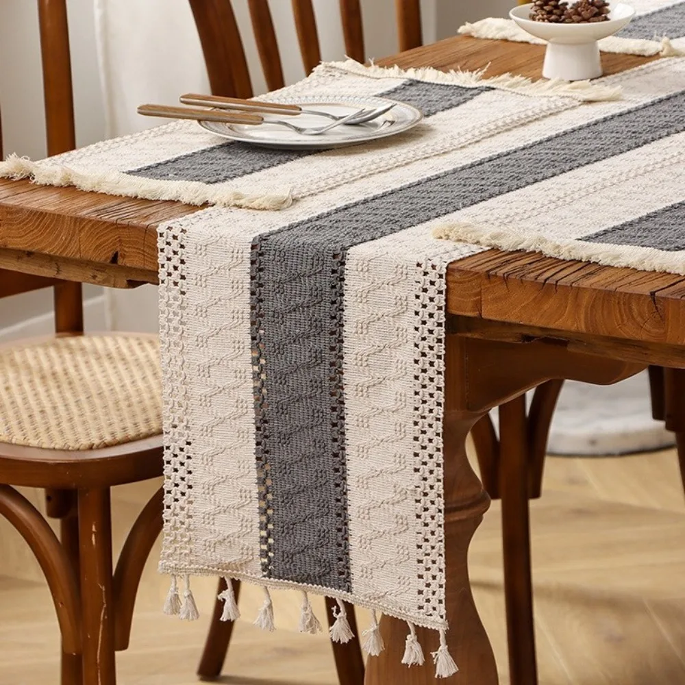 Rustic Style Knitted Hollow-out Table Runner Splicing Soft Bohemian Table Flag with Tassels Washable Knitted Cover Cloth