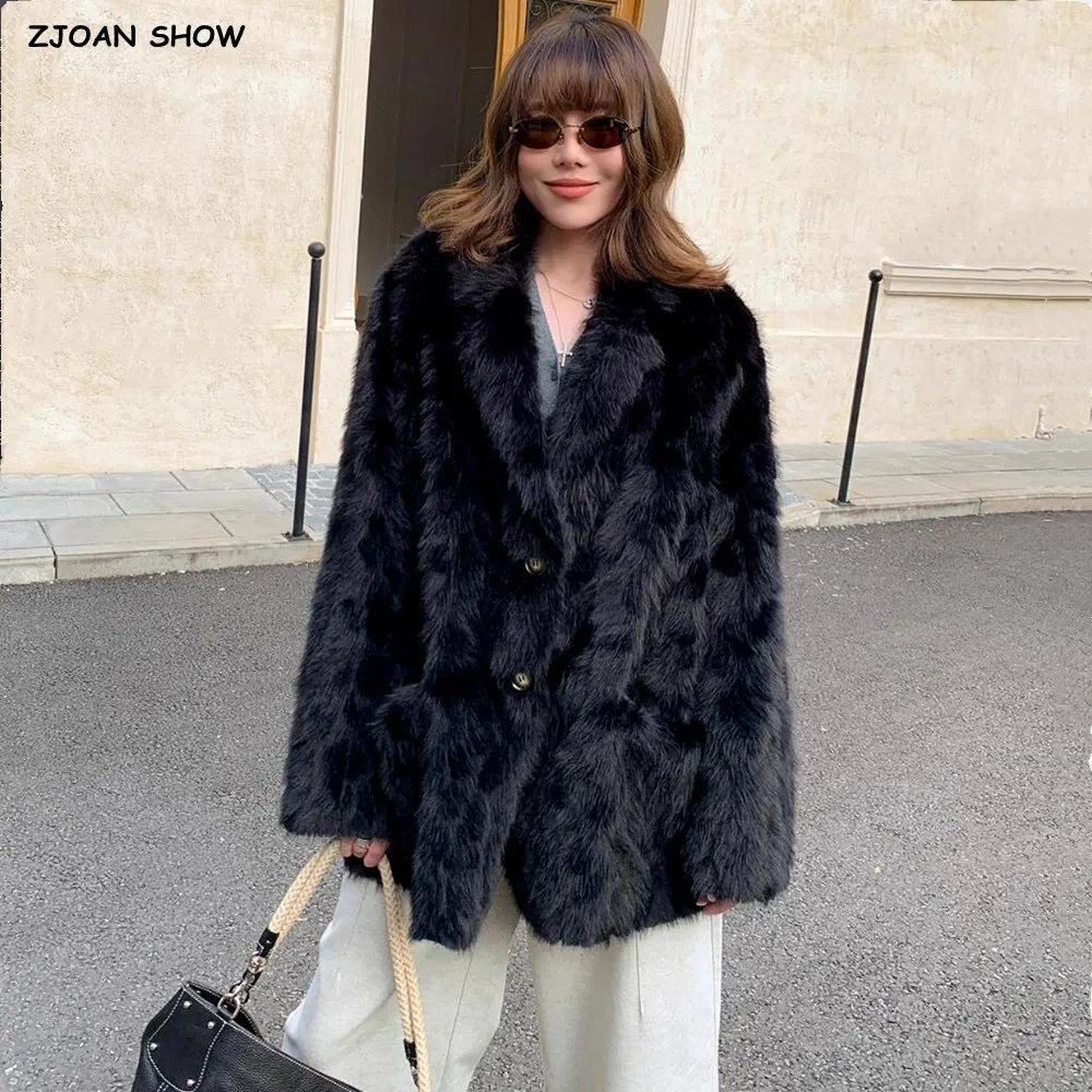 New Winter Embossing Pattern Faux Fur Coat CHIC Women Notched Collar Single-breasted Buttons Shaggy Midi Blazer Warm Outerwear