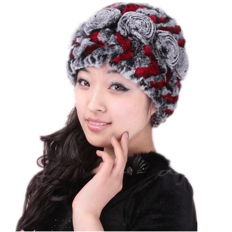 

Flower Cap Real Rex Rabbit Fur Hat Women Winter Fluffy Beanies Female Warm Knitted Headgear