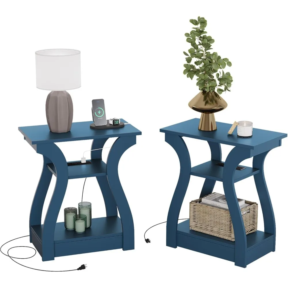 

End Tables Living Room Set of 2,End Table with Charging Station and USB,Navy Blue Side Table, Nightstand for Bedroom,3 Tier End