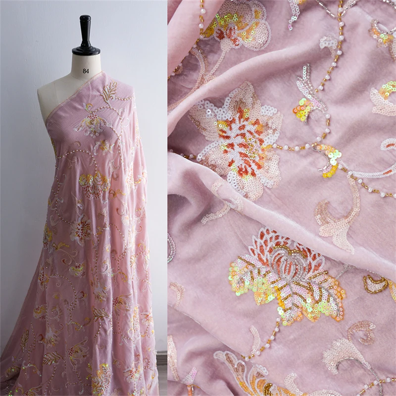 

Pink Silk Velvet Heavy Industry Nail Bead Embroidery Flower Autumn and Winter Vest Jacket Luxurious Silk Clothes Fabric By Meter