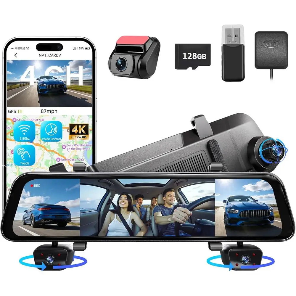 

12-дюймовая 4K+1080P 3,4-канальная зеркальная камера с датчиком STARVIS, передняя и задняя камеры, камера заднего вида, камера для парковки, 8 ИК-светодиодов для ночного видения