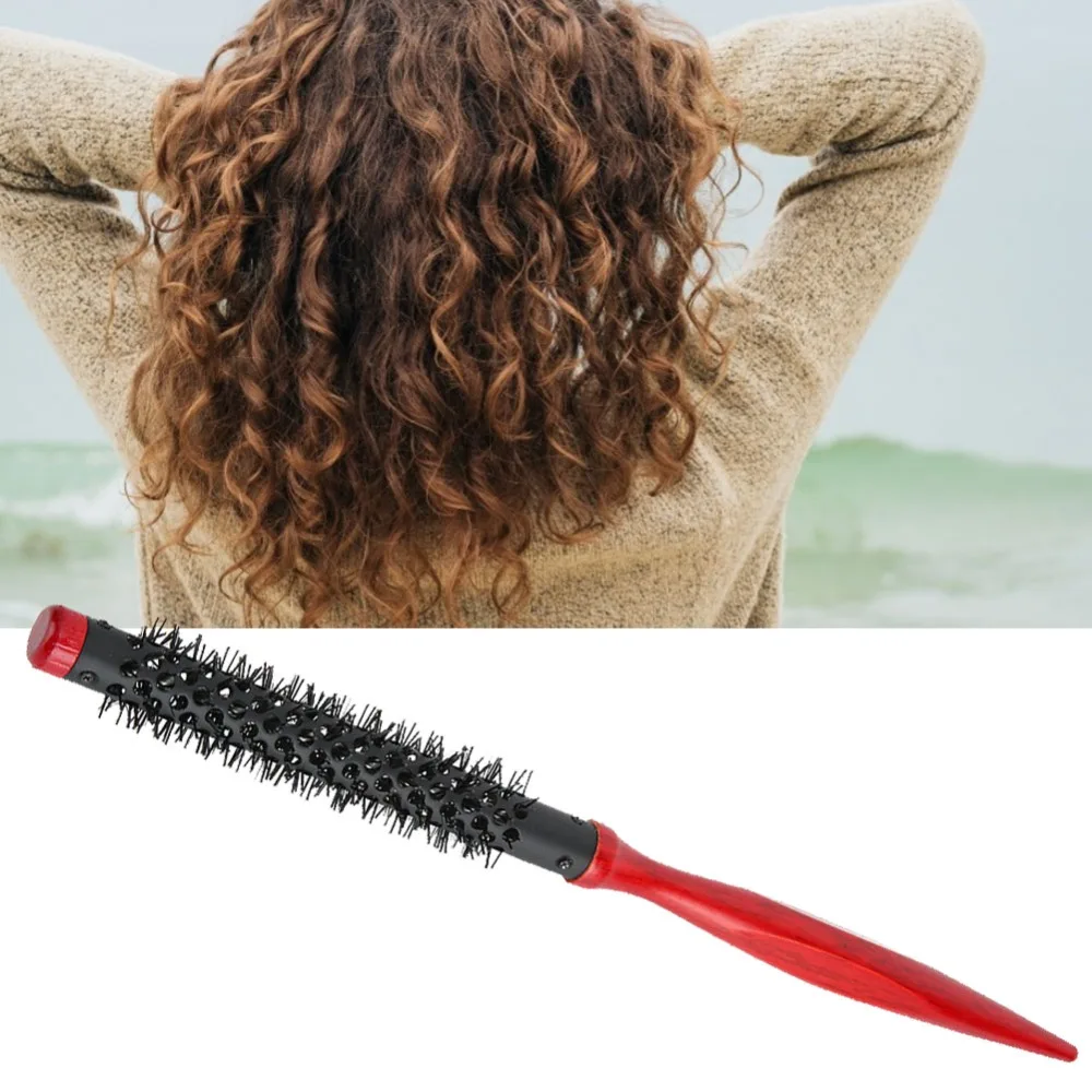 Wooden Handle Roller Comb Nylon Bristles Pointed Tip Hair Styling Brush Aluminum Tube Heat Resistant Hair Styling Comb Salon Use
