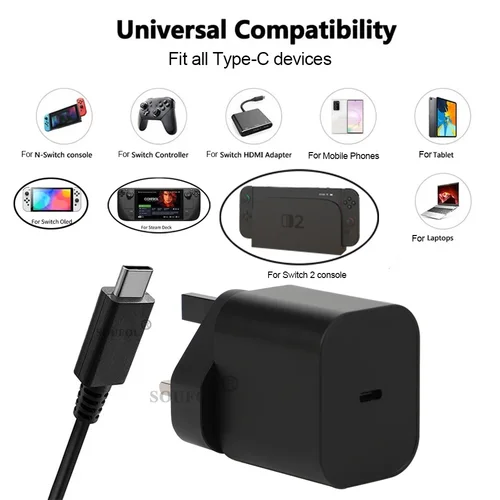 Imagen 2 del producto Adaptador de CA de 60W, cargador rápido con enchufe UE/EE. UU./Reino Unido, Compatible con NS Switch 2/accesorios de Steam Deck, fuente de alimentación del cargador USB tipo C