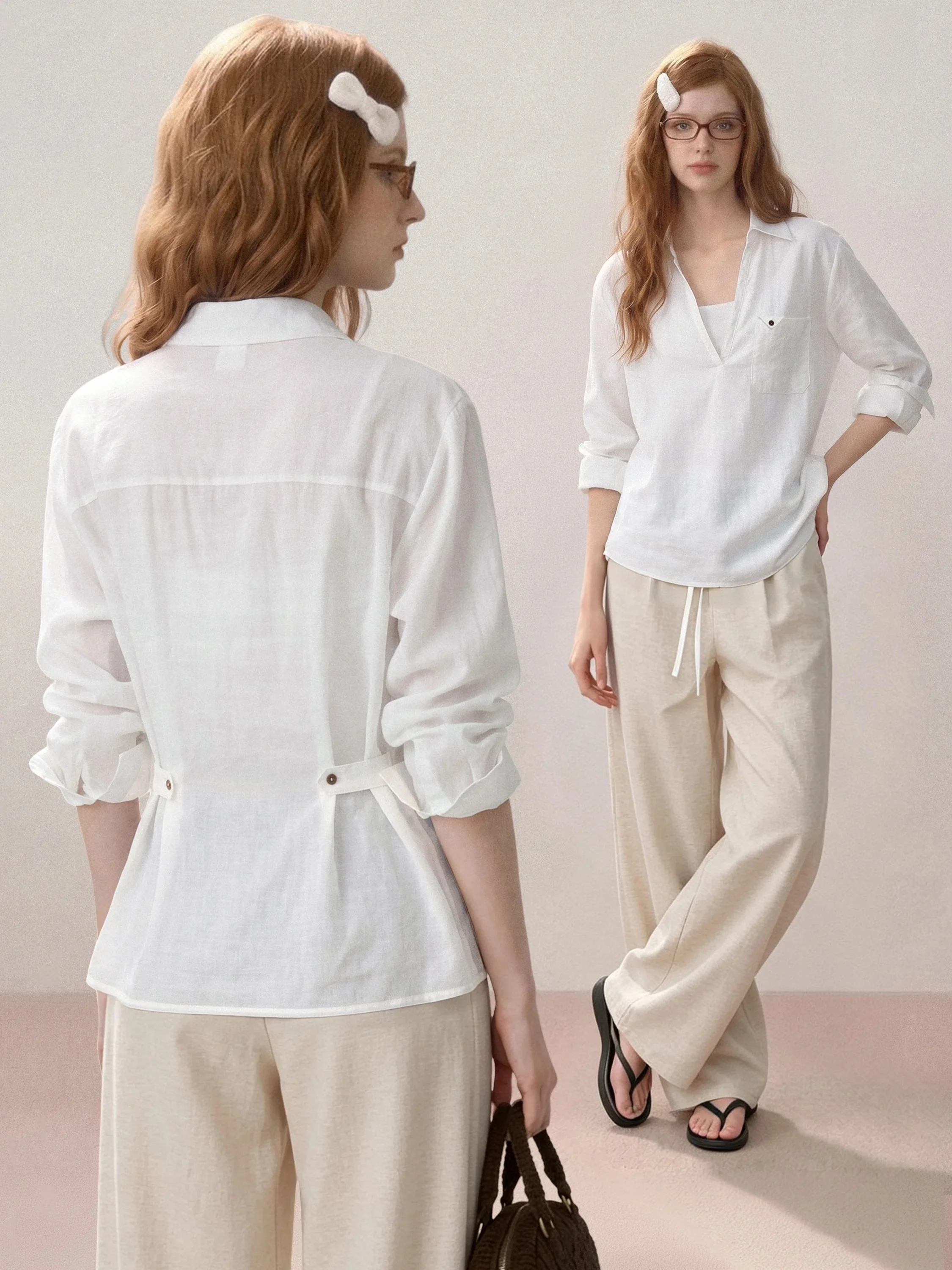 

White V-Neck Short Sleeve Shirt Women's Summer Thin Collar Waist-Cinching Sun Protection Top Korean Style Straight Cut