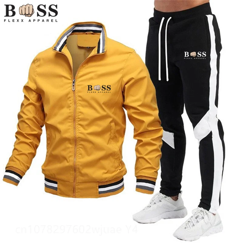 Ensemble veste et pantalon de survêtement pour hommes, décontracté, épissé, pantalon, baseball, col montant, haute qualité, manteau, printemps,
