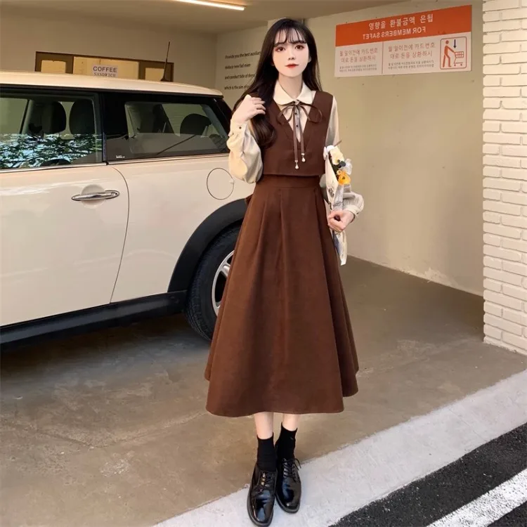 Vintage Patchwork Dress Long Sleeve Spring Autumn Preppy Style Temperament Clothing Fake Two Piece Female Slim Women Dresses