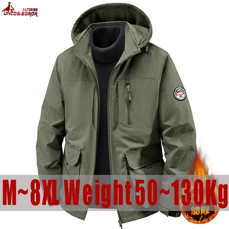 Plus Size 7XL 8XL Autumn winter fleece jacket for men Thick outdoor casual windproof multi-pocket Cargo coat Parkas Men Clothing