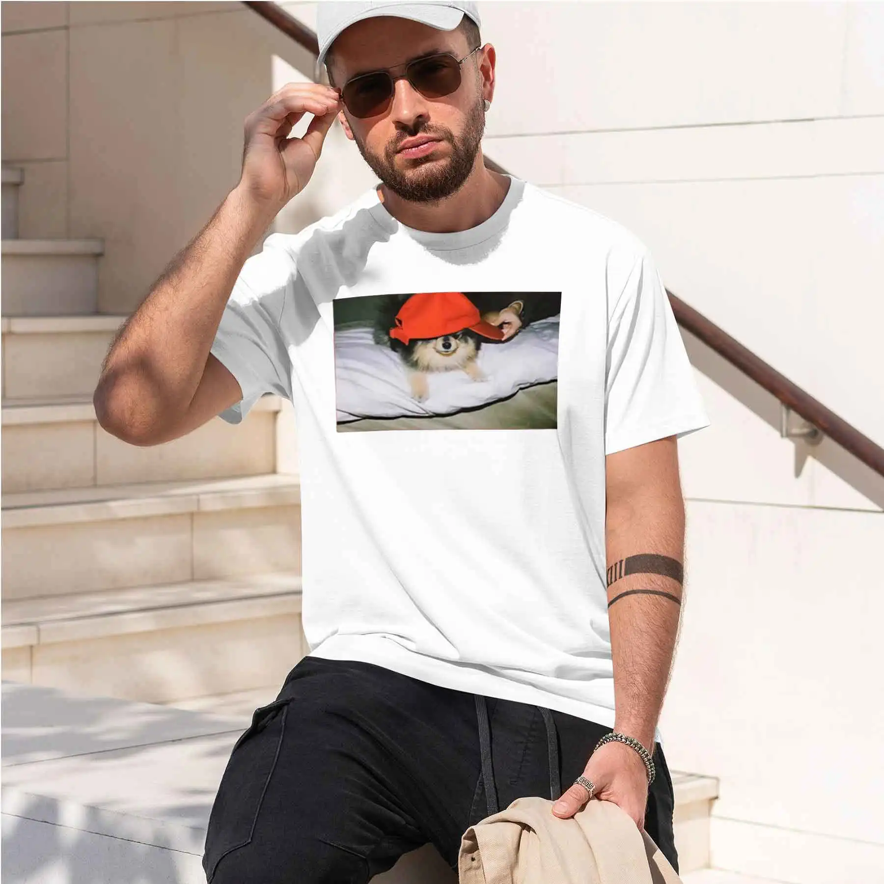 new printed T-shirt Men's Fun Cute Pet Print T-shirt Adorable Pomeranian With Cap Pattern Casual Loose Crewneck Top