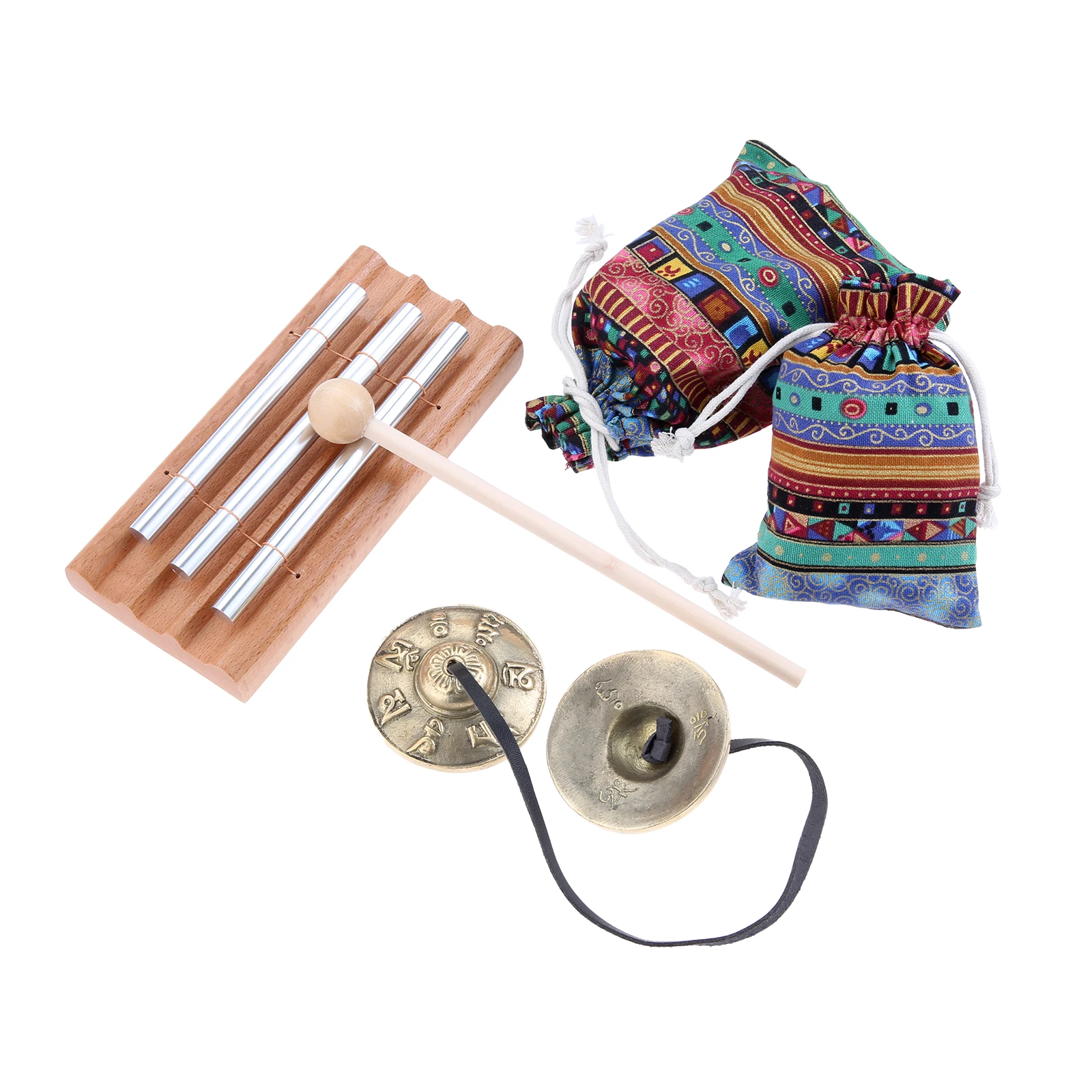Meditation Instruments Kit Tingsha Cymbals 3-Tone Chime Bell & Bags Percussion Yoga Prayer Teaching Sound Therapy Zen Practice