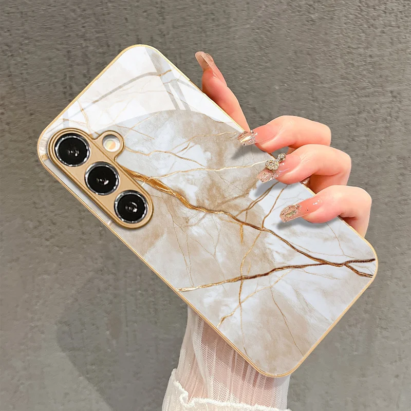 Metal marble line pattern glass phone case for Samsung Galaxy S26 S25 S24 S23 S21 S20 fe/plus/ultra hard case back cover