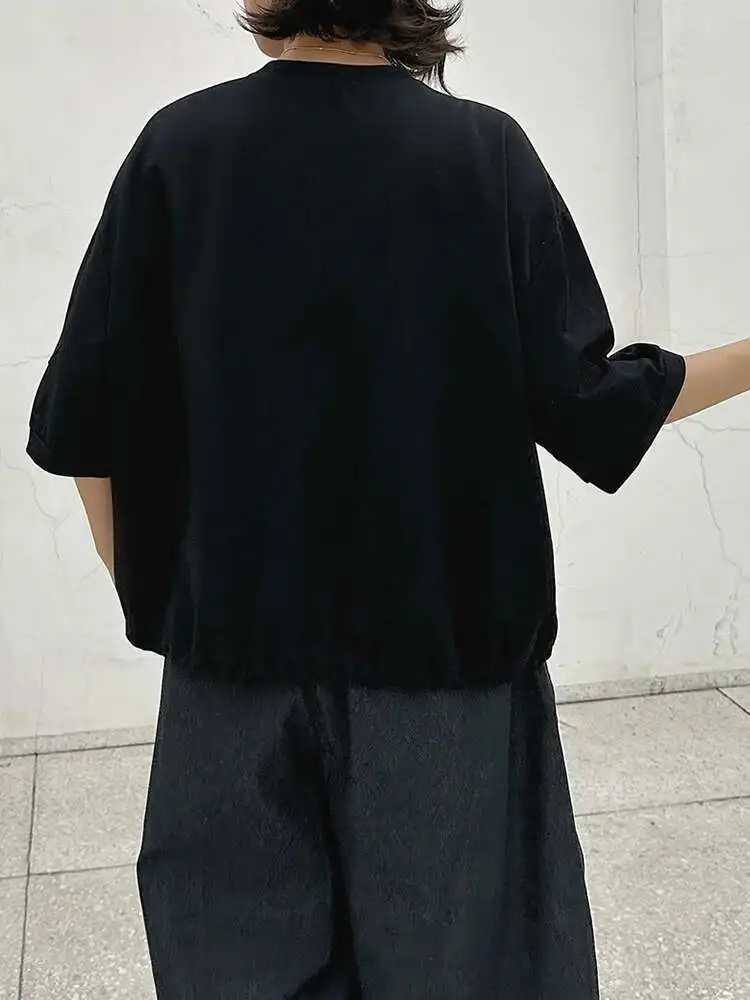 Women Black Hem Drawstring Spliced Big Size T-shirt New Round Neck Short Sleeve Fashion Tide Spring Summer