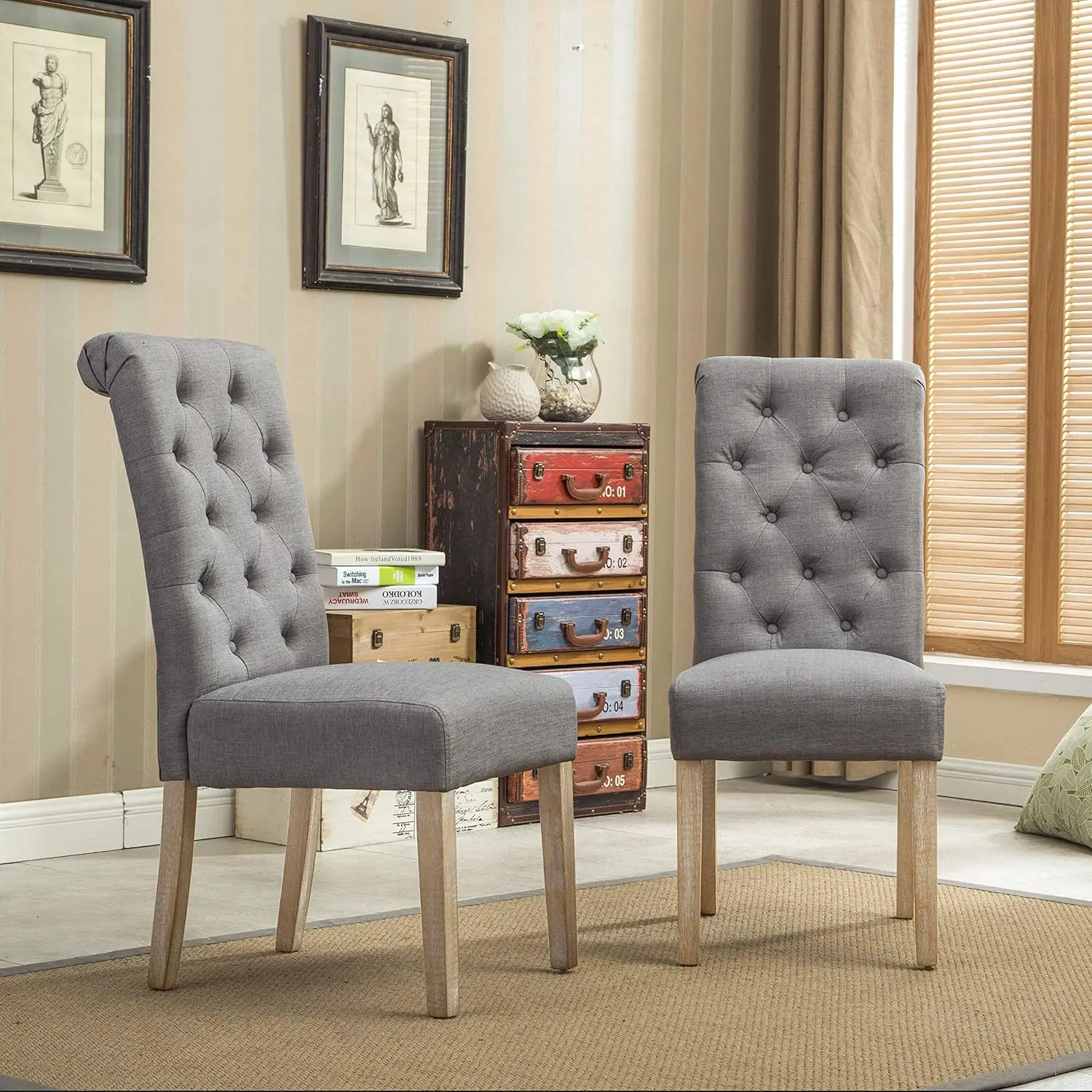 Habit Grey Solid Wood Tufted Parsons Dining Chair (Set of 2), Gray