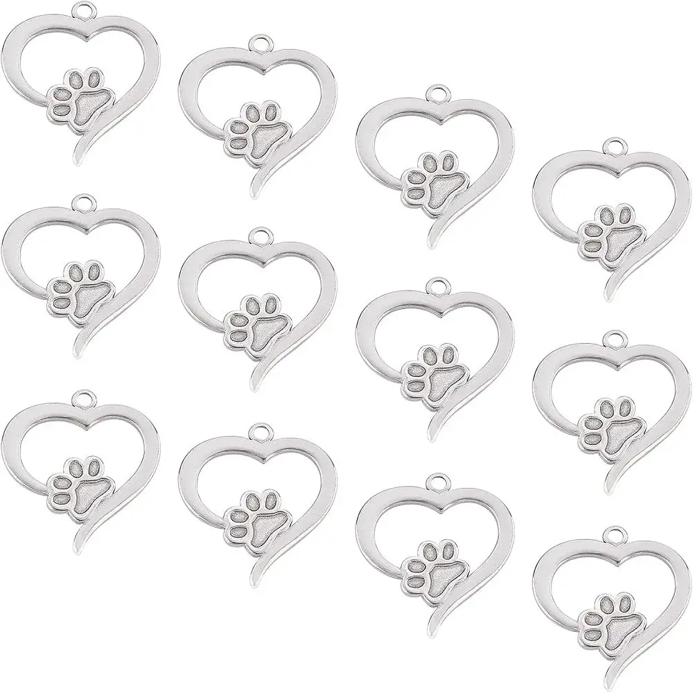 Supports de pendentif en acier inoxydable 304 pour cabochon, motif cœur émaillé avec empreinte de patte de chien, couleur acier inoxydable, 27,5x25x2mm, trou : 2mm