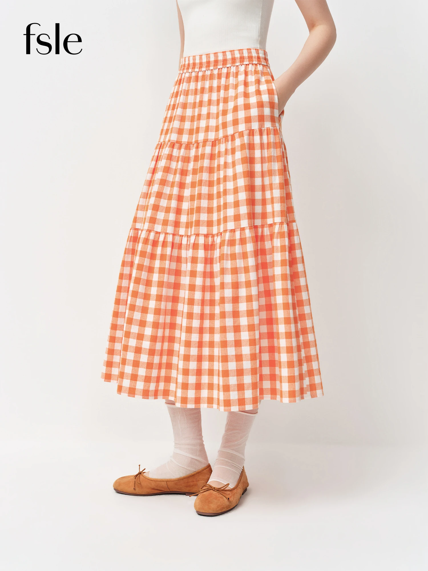 

Хлопковая юбка FSLE в стиле ретро в клетку, А-силуэт, для женщин, лето 2026, новая модель, юбка-тортик, длина до середины икры, для отпуска, романтическая, повседневная, элегантная