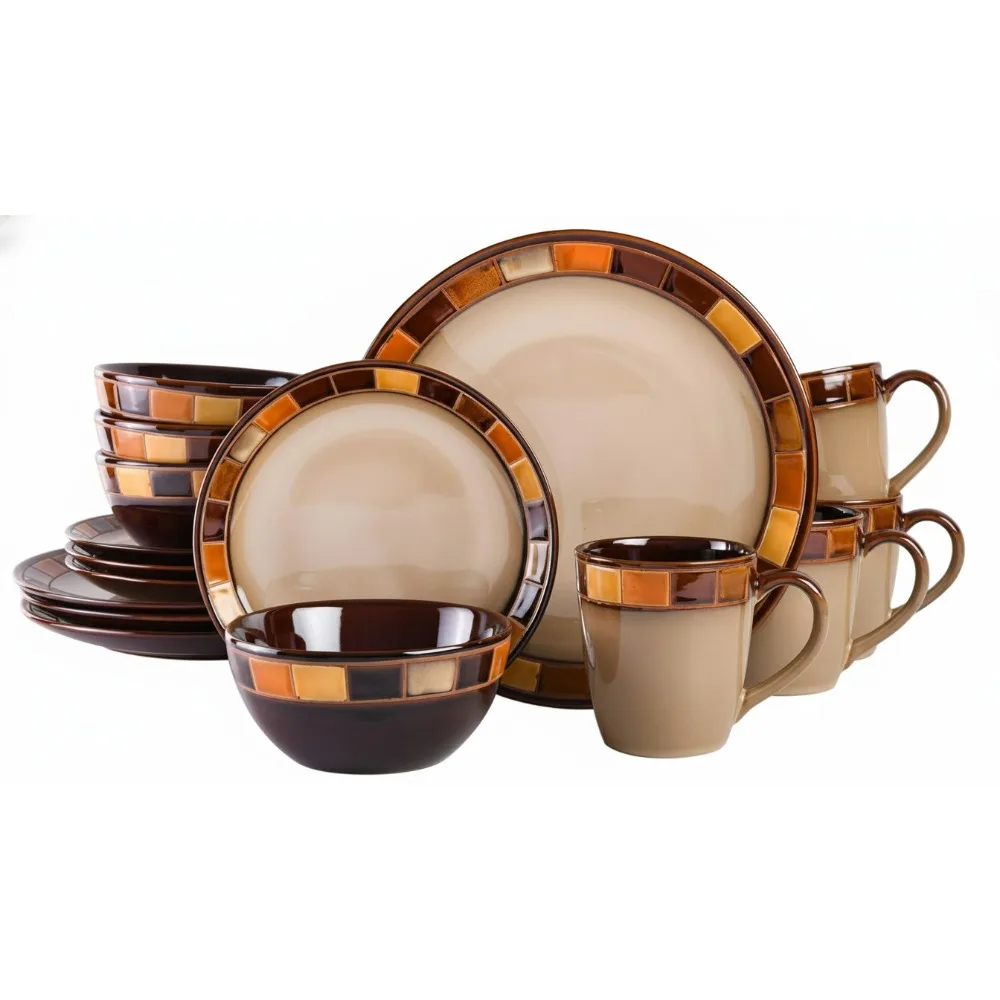 

16-Piece Stoneware Dinnerware Set for 4 - Beige & Brown Plates Bowls, Dishwasher Microwave Safe