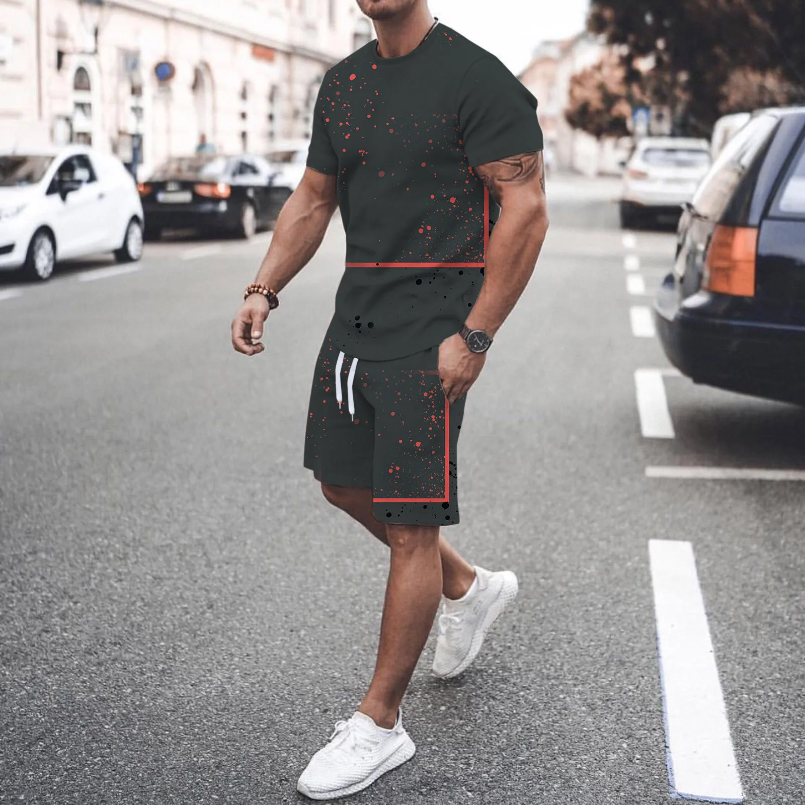 

Men's Summer Gradient Printed Shorts Sets Male Round Neck Short Sleeve T Shirt Tops And Tether Loose Shorts Two Piece Suits