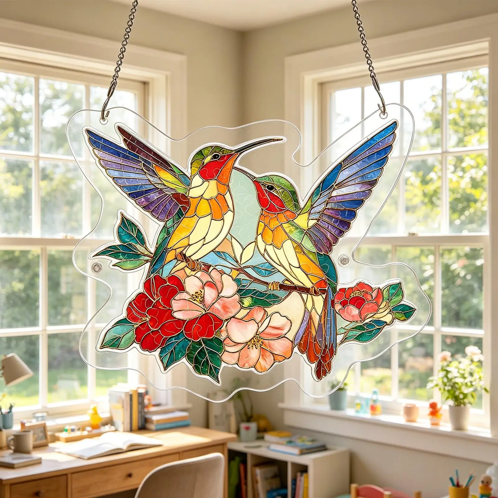 2D Bird On Branch Suncatcher Stained Glass Effect Hanging Window Ornament Windows Garden Or Indoor Spaces Acrylic Board