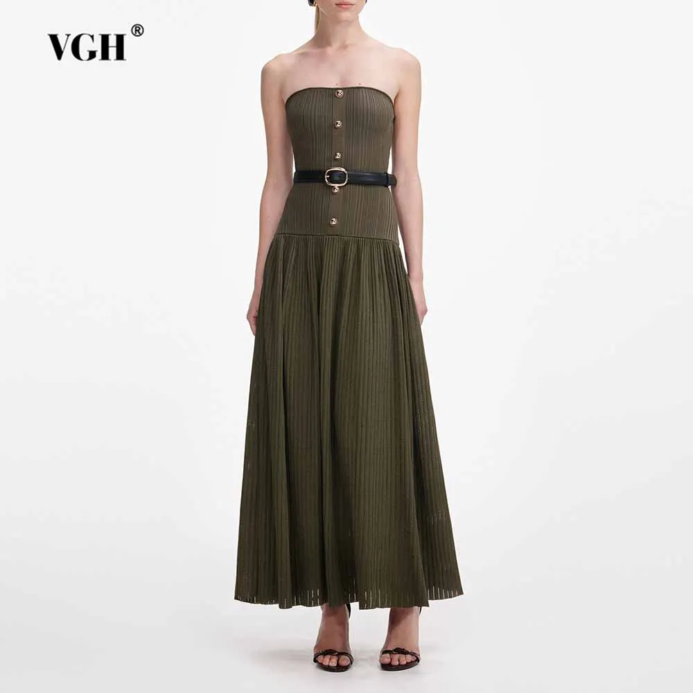 

VGH Elegant Vintage Solid Evening Dresses For Women Square Collar Sleeveless Spliced Belt High Waist Casual Draped Dress Female