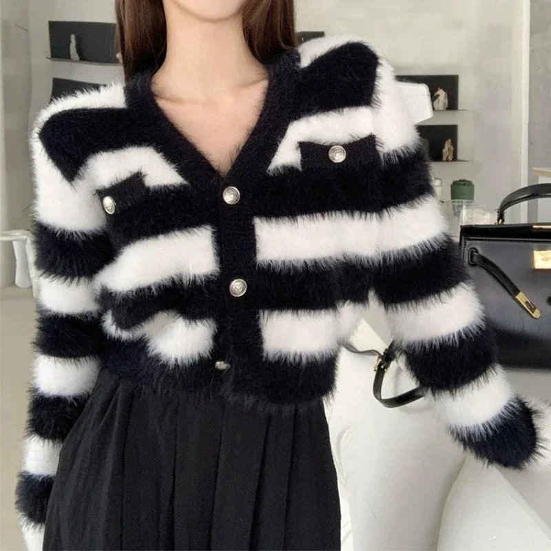 Women Winter Casual Stripe Buttons Up Sweater Coat V-neck Long Sleeved Cardigan Coat Warm Knit Office Overcoat Fall Short Jacket