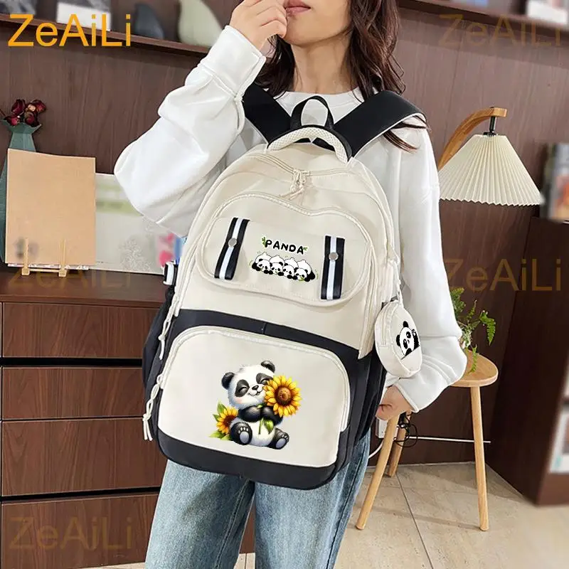 Sunflower Panda Large Capacity Backpack Cartoon Daypack Travel Commute Knapsack School bag for Girls Mochila With Coin Purse