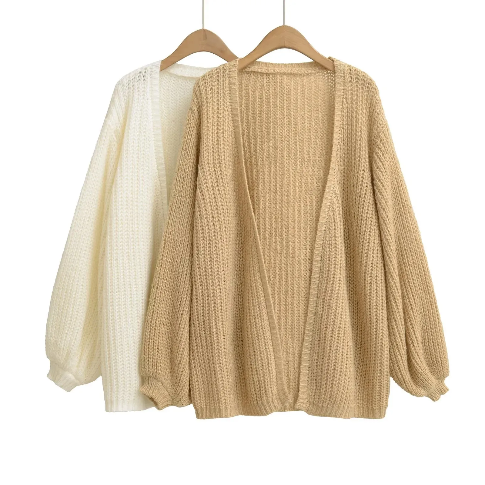 Winter Lazy Style V-Neck Versatile Loose Casual Solid Color Lantern Sleeve Knitted Sweater Cardigan Mid-Length Cardigan E6G1