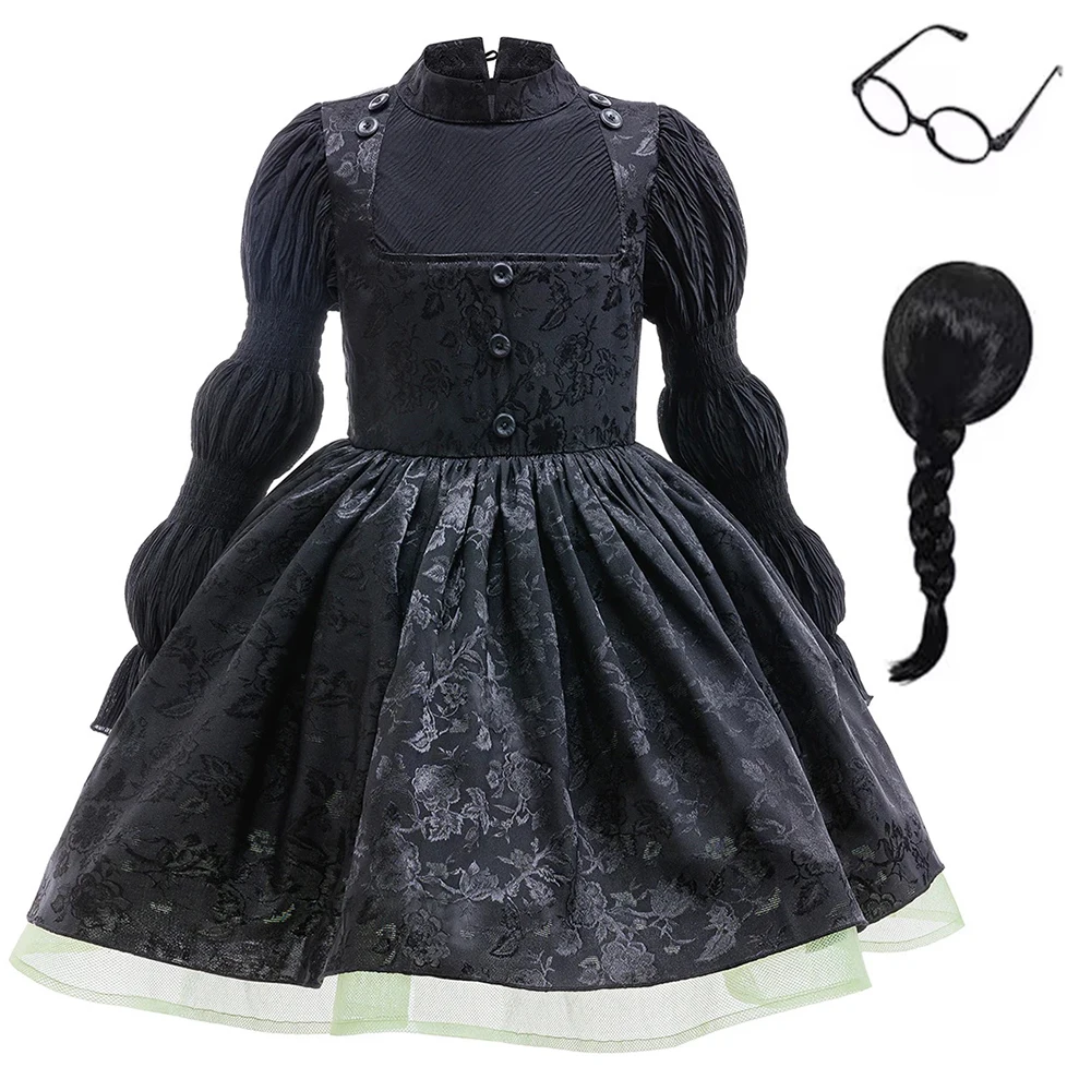

Черная ведьма, косплей, костюм на Хэллоуин, черное платье для девочек + парик с очками, одежда для ролевых игр, праздничные платья принцессы для девочек