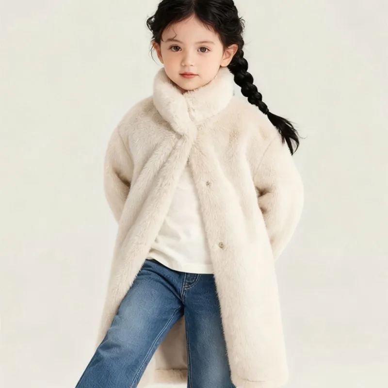 

RAISE Winter 4-12Y Girls Long Fur Coat Stand Collar Soft Warm Outerwears For Children Integrated Kids Girl Faux Fur Jackets Coat
