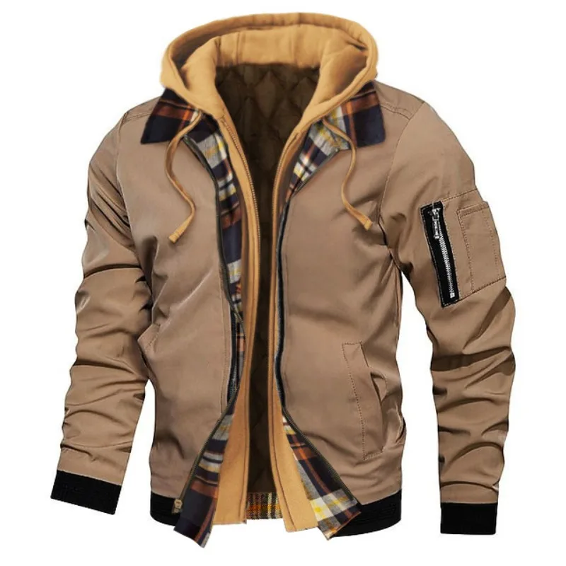 Spring and Autumn Thickening Large Size Men's Jacket Grid Hooded Tops Casual Fake Two Piece Design Zip Up Long Sleeve Warm Coats