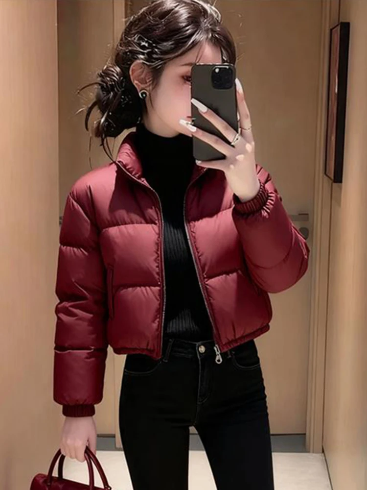 

Warmth Wine Red Stand Collar Zipper ort Cotton Jaet Women's 2026 Autumn Winter New Sle Slimming Faion Bread Coat