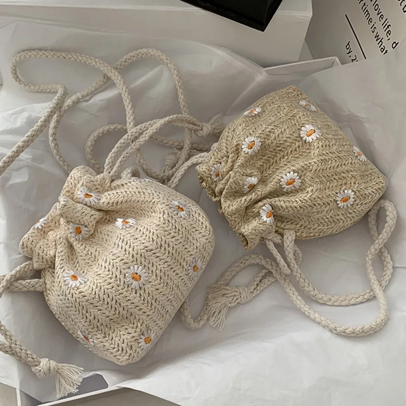 Fashion Small Shoulder Bags  Women Drawstring Straw Beach Bags Flower Embroidery Bags Ladies Lace Crossbody Handbags for Travel image 2