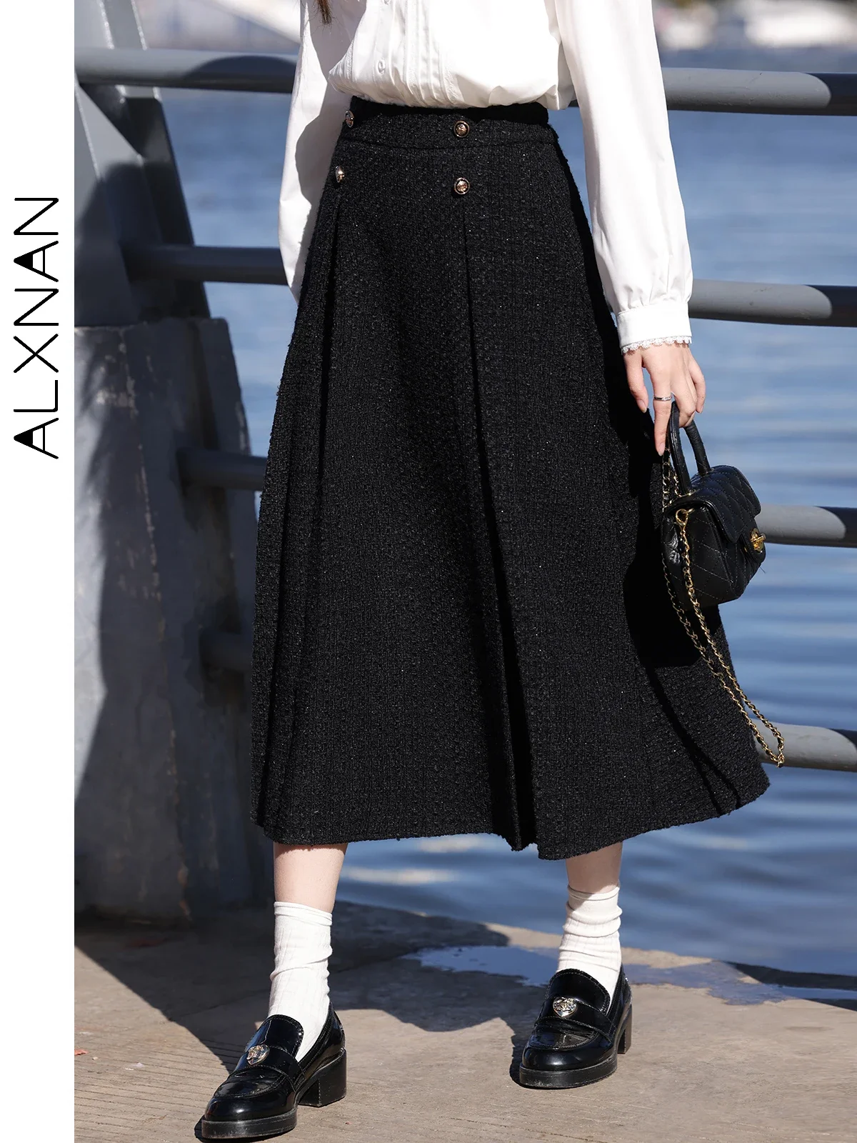 ALXNAN Français Femmes Jupes 2024 Automne Mode Noir Rétro Bureau Lady Chic Bouton Doux A-ligne Jupe Vendu Mathiément L33337-2