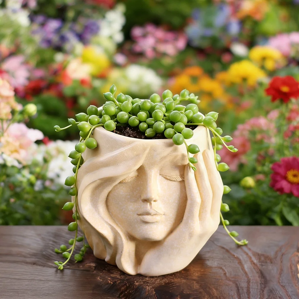 1 Piece Human Head Resin Pot With Drainage For Small Flower Lightweight Garden Patio Home Decor Figurine Art